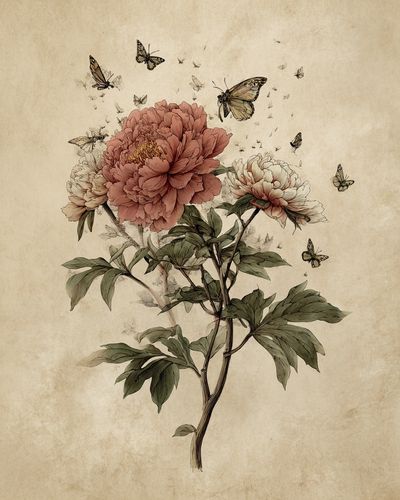 Peony and Butterflies — Botanical Print. poster