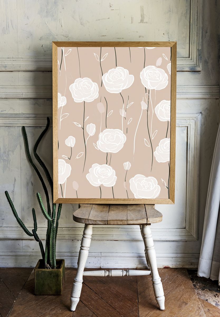 White Roses — Botanical Print. — room view 1