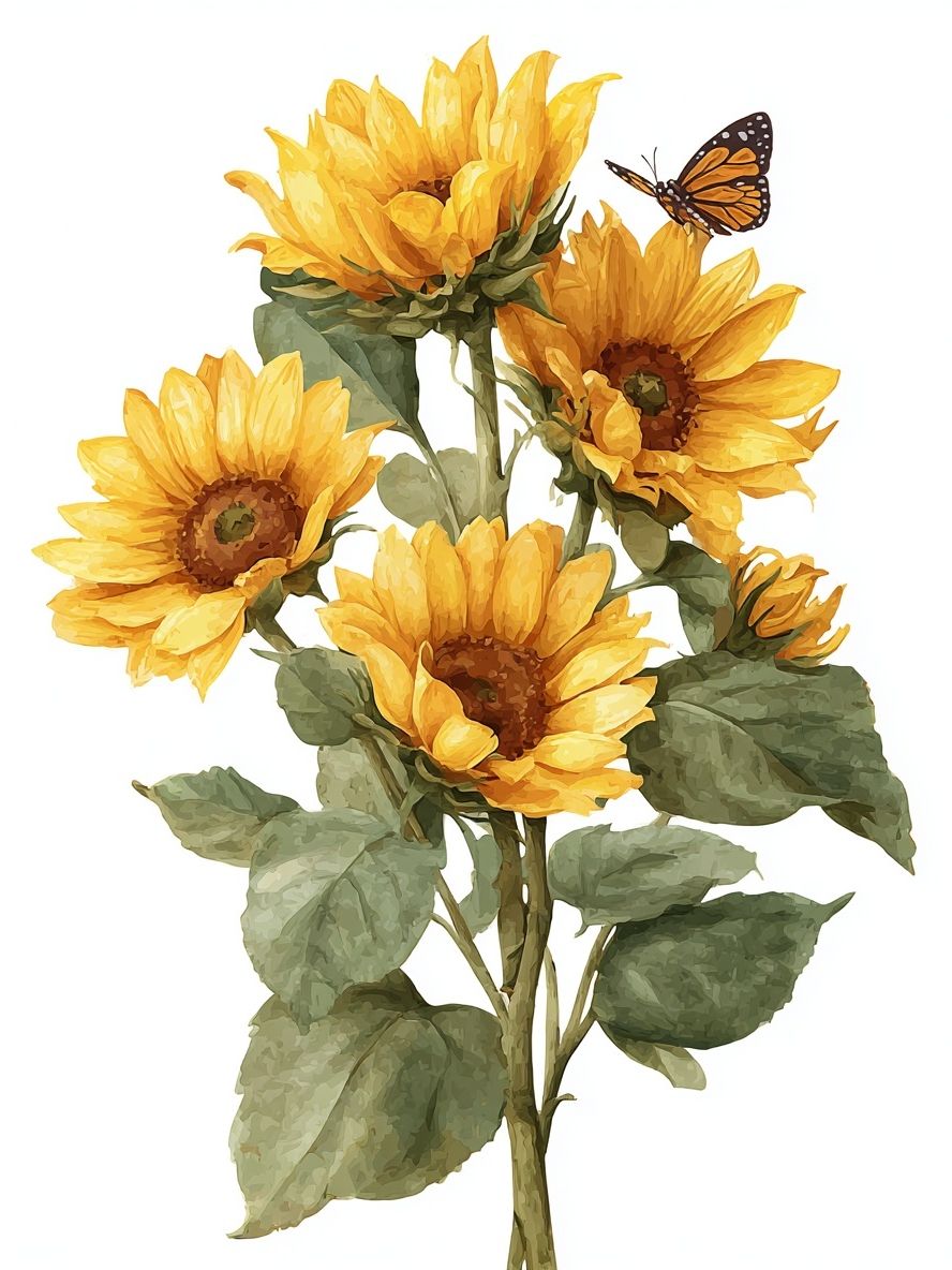 Sunflowers and Butterfly — Botanical Print. poster — botanical art