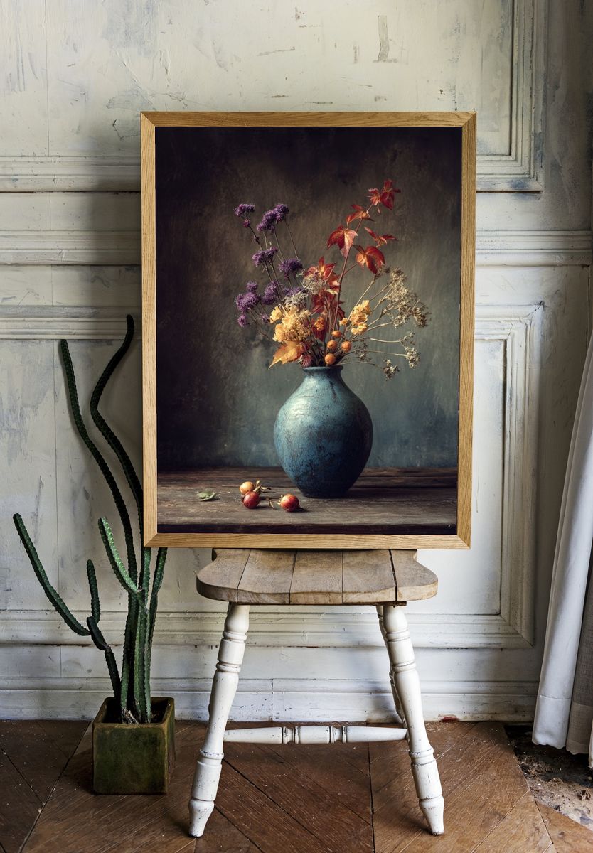 Dried Flowers in Blue Vase — Botanical Print. room preview
