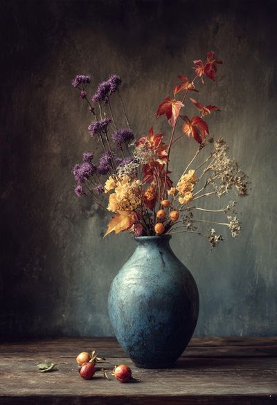 Dried Flowers in Blue Vase — Botanical Print. poster print