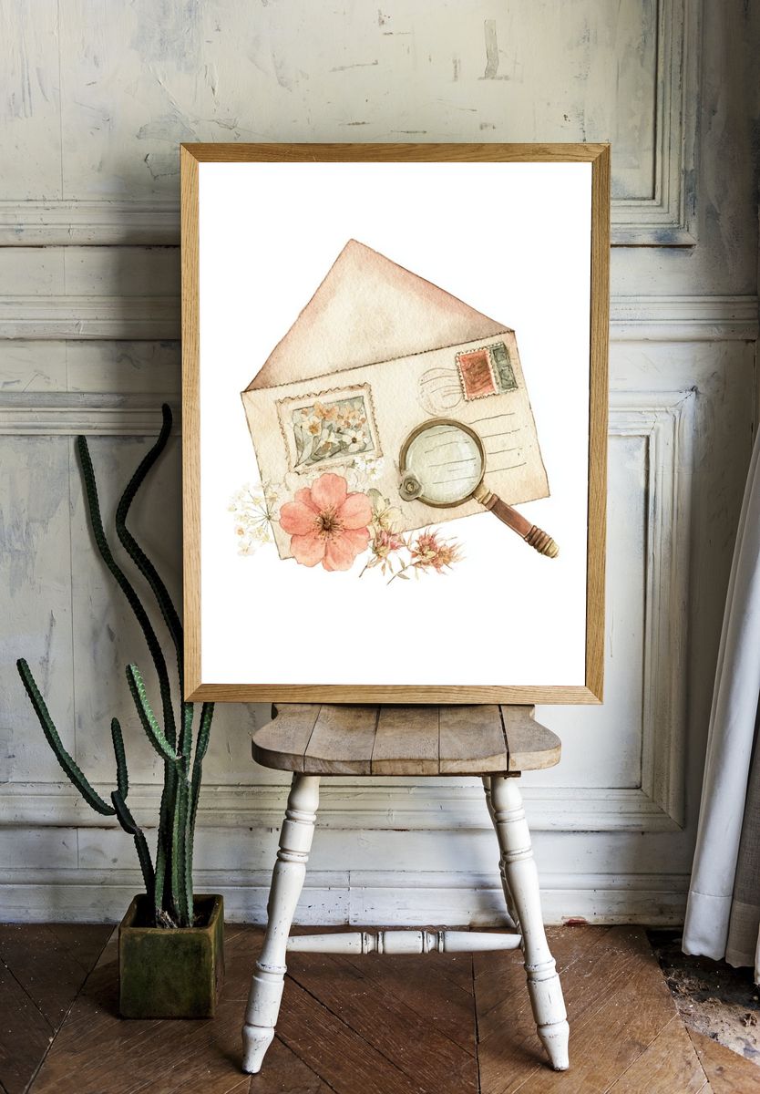 Vintage Letter and Flowers Watercolor Print. room preview