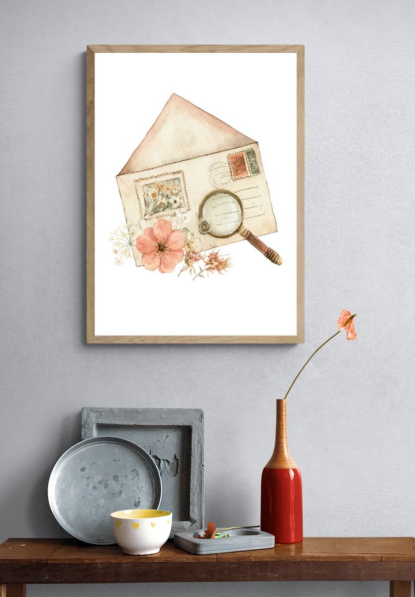 Vintage Letter and Flowers Watercolor Print. — room view 3