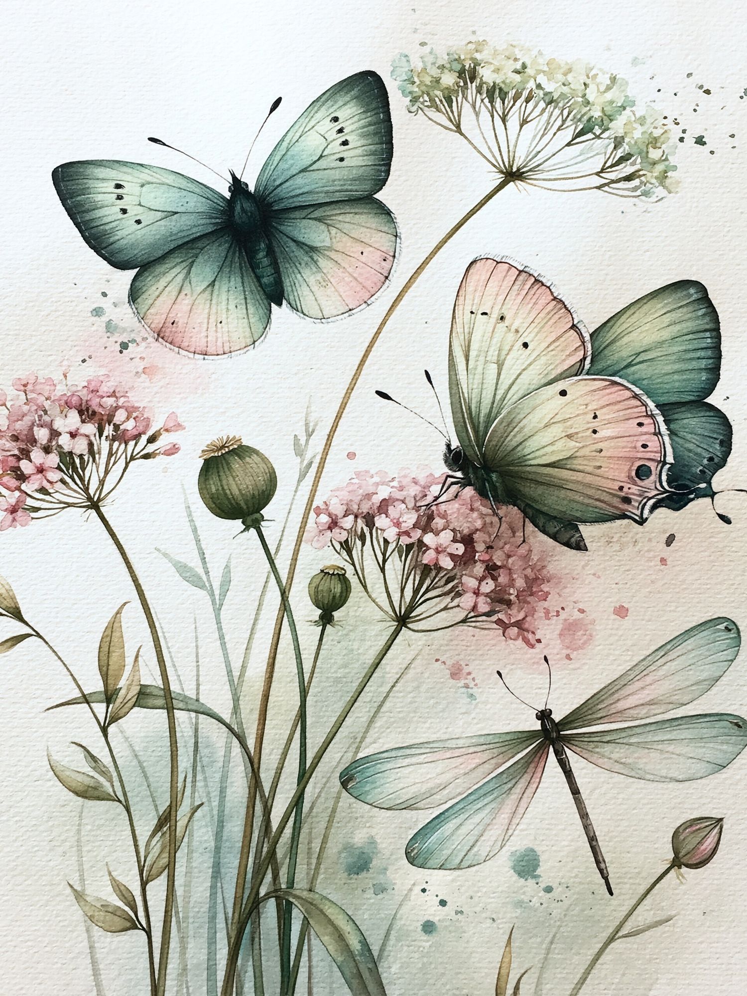 Butterflies and Wildflowers Watercolor Print. poster — botanical art