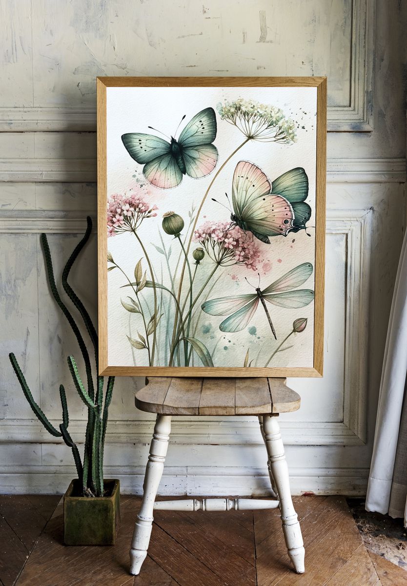 Butterflies and Wildflowers Watercolor Print. — room view 1