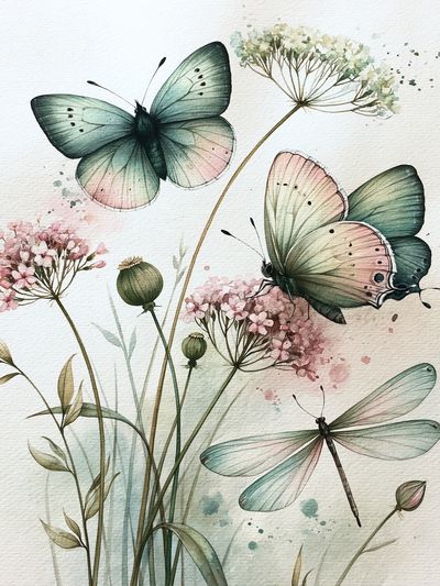 Butterflies and Wildflowers Watercolor Print. poster