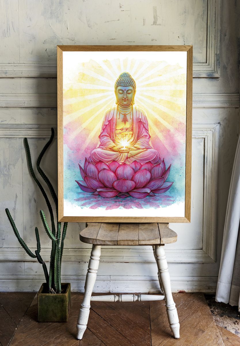 Buddha Lotus Watercolor Print. — room view 1