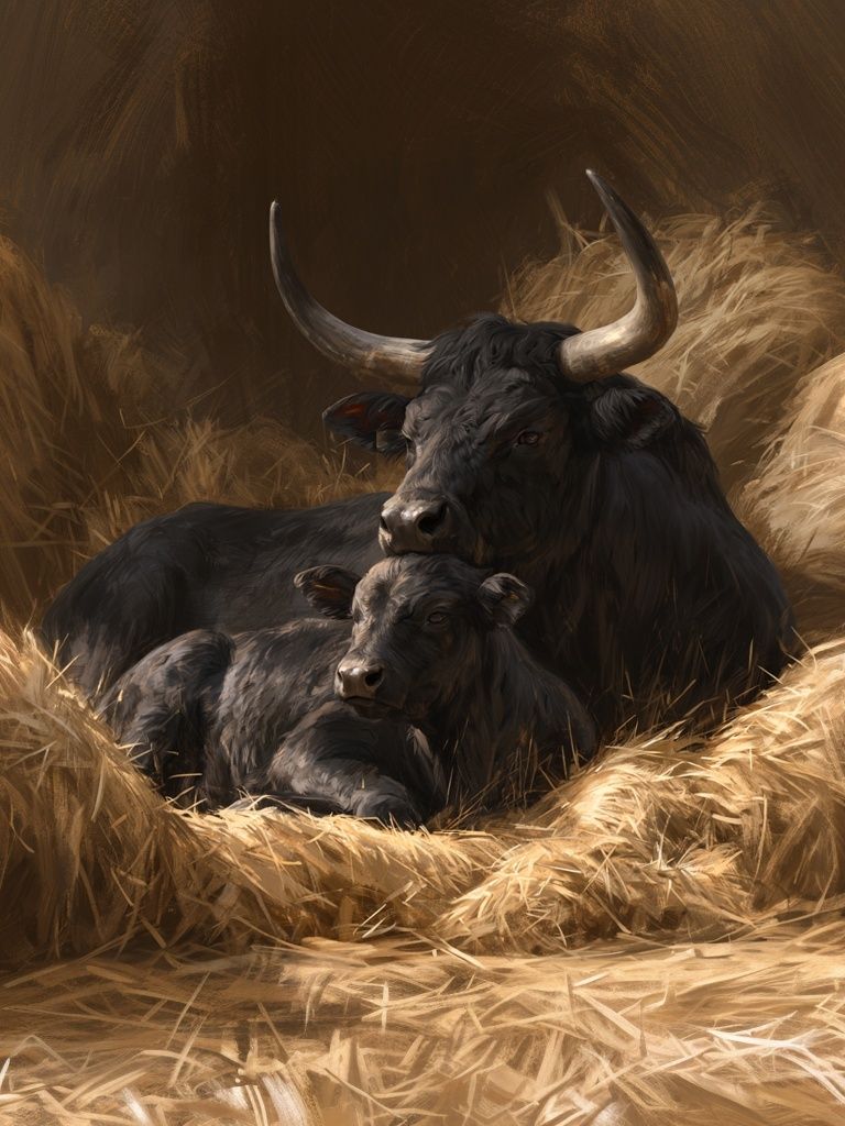 Resting Bull and Calf Illustration Poster. poster detail