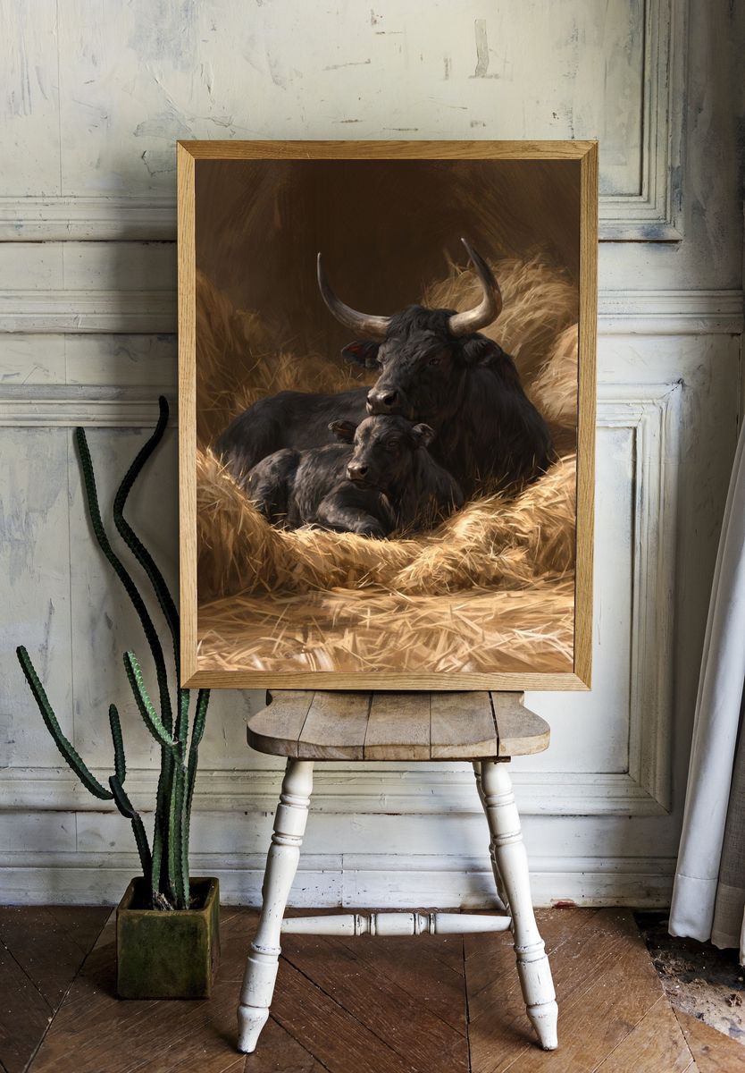 Resting Bull and Calf Illustration Poster. — room view 1