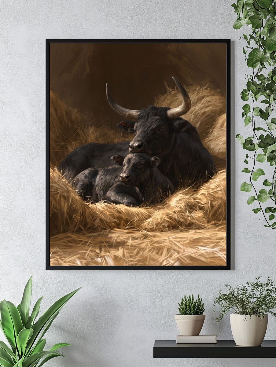 Resting Bull and Calf Illustration Poster. — room view 4