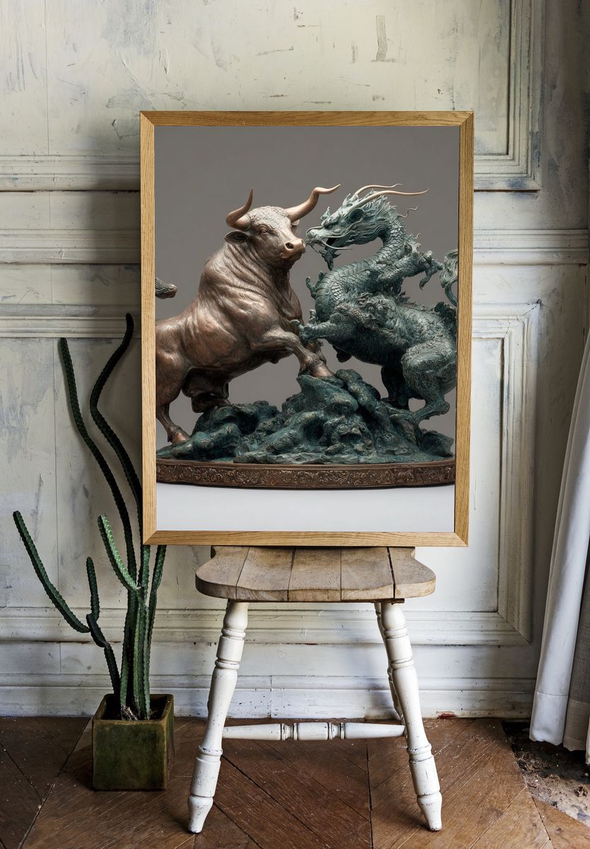 Bull and Dragon Sculpture Print. — room view 1