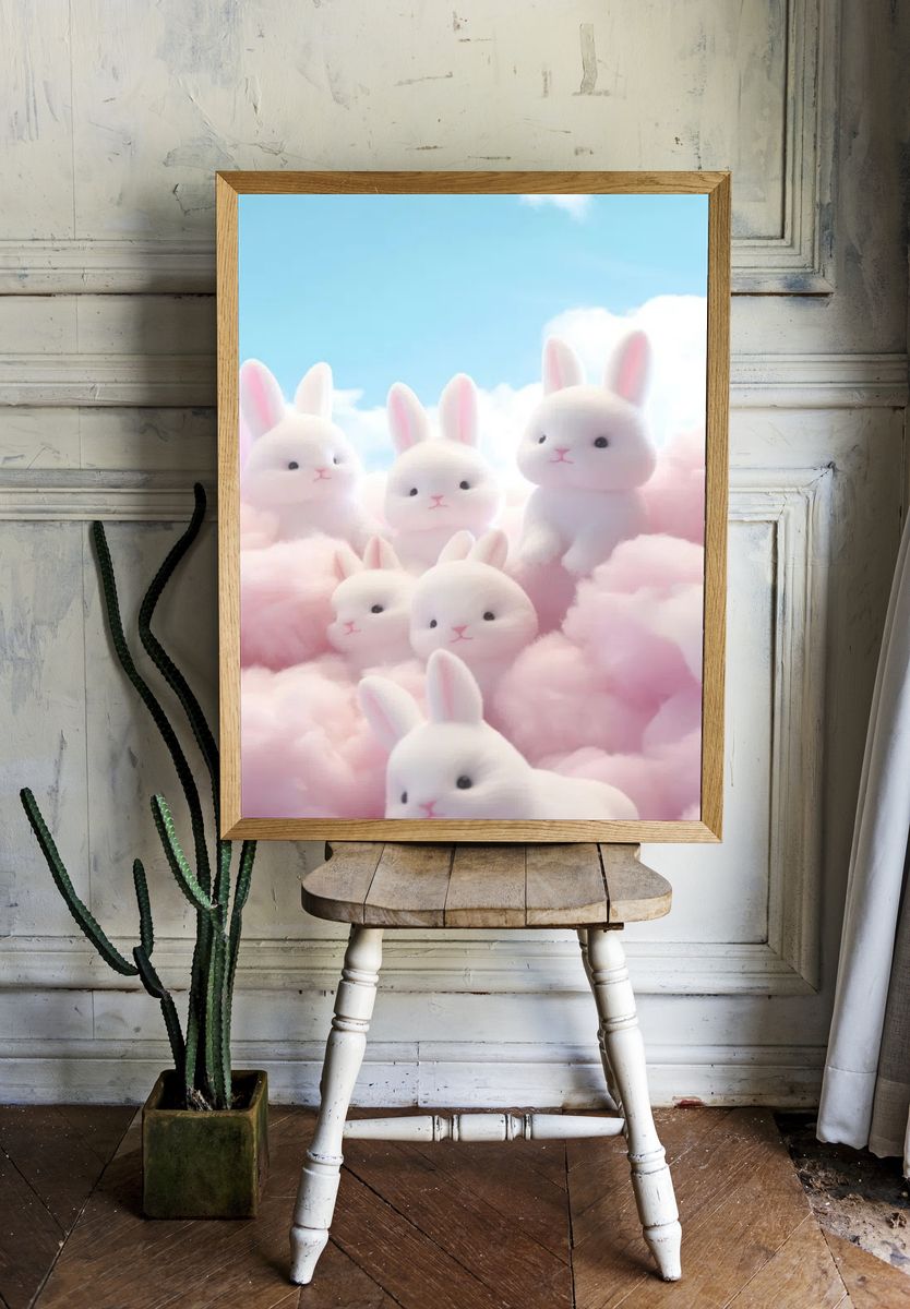 Cute Bunnies in Cotton Candy Clouds Poster. — room view 1