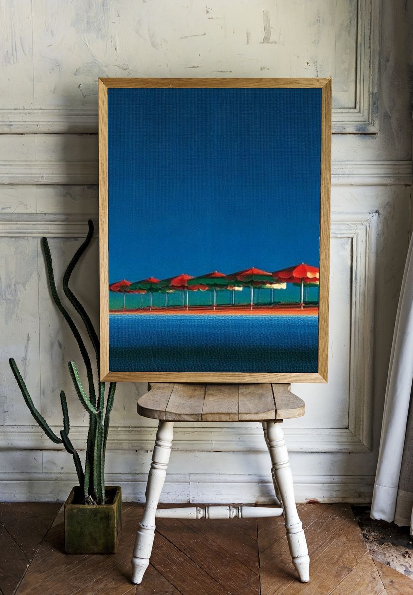 Beach Umbrellas at Dusk Photography Poster. — room view 1