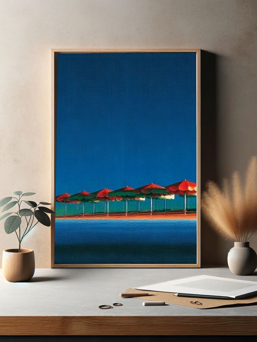 Beach Umbrellas at Dusk Photography Poster. — room view 2