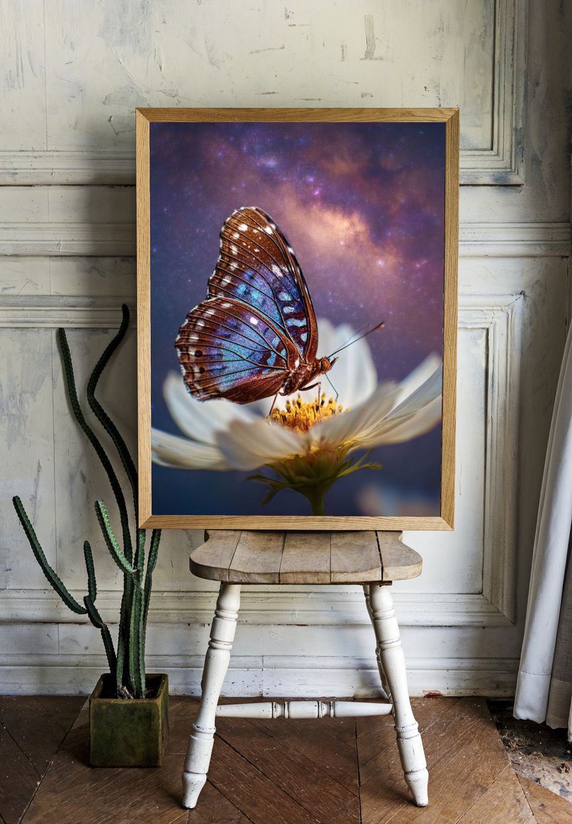Butterfly on Cosmos Flower Photography Poster. — room view 1