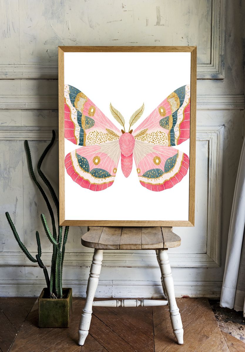 Pink Butterfly Watercolor Print. — room view 1