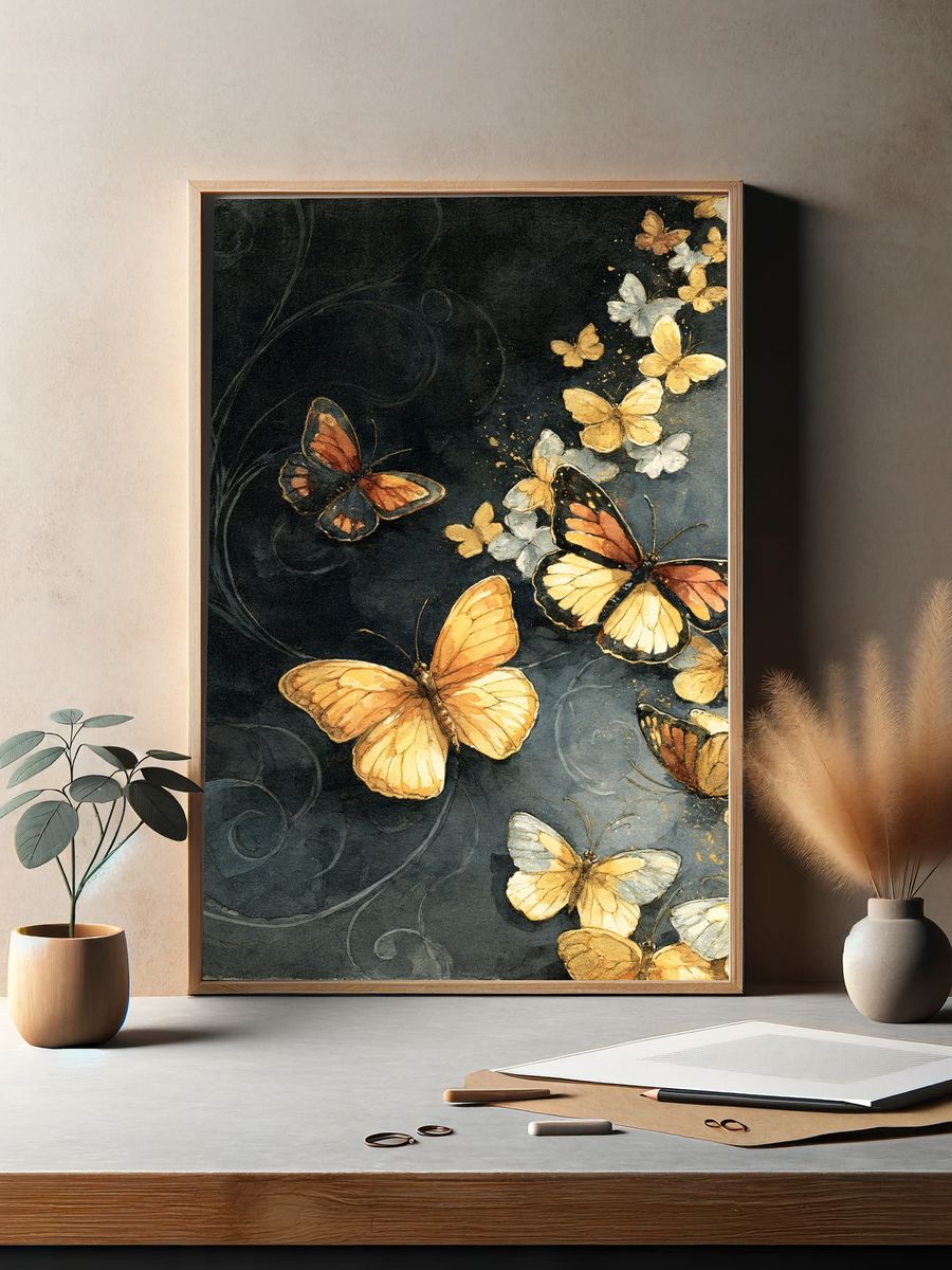 Golden Butterflies Watercolor Poster. — room view 2