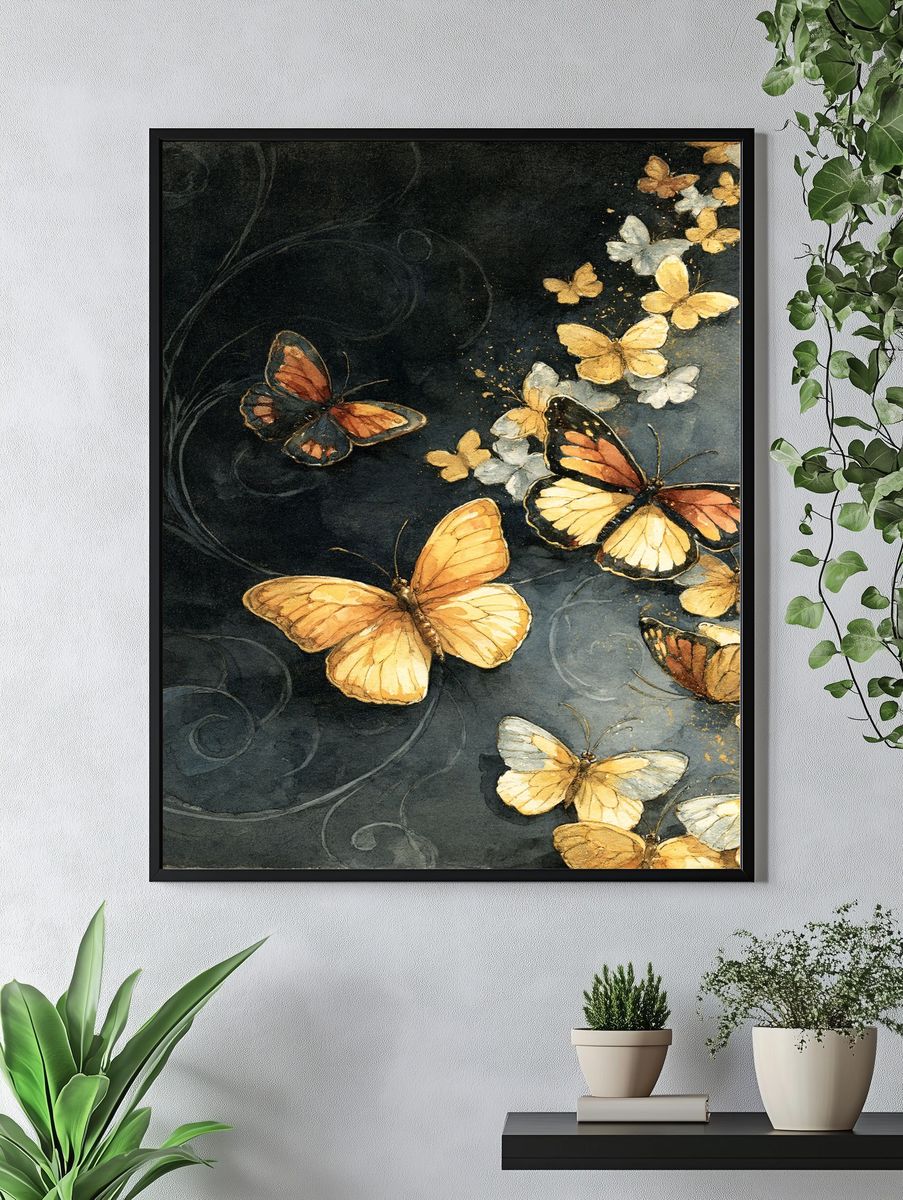 Golden Butterflies Watercolor Poster. — room view 4