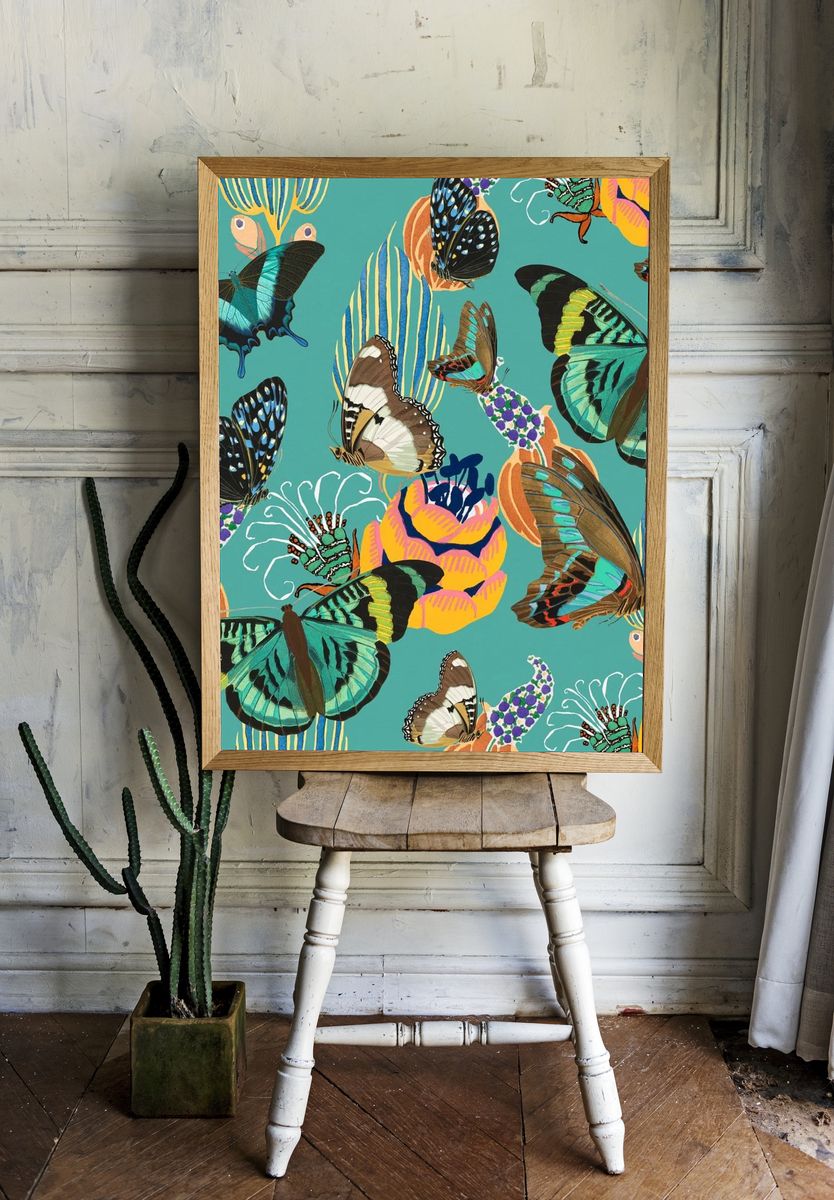 Exotic botanical butterfly background, green. — room view 1