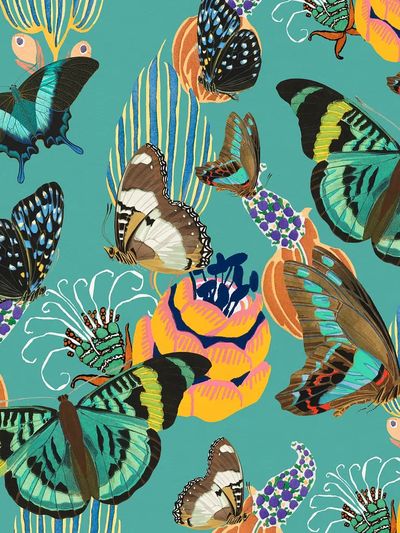 Exotic botanical butterfly background, green. poster