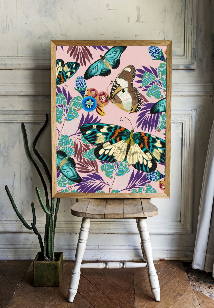 Exotic botanical butterfly background, vintage. — room view 1