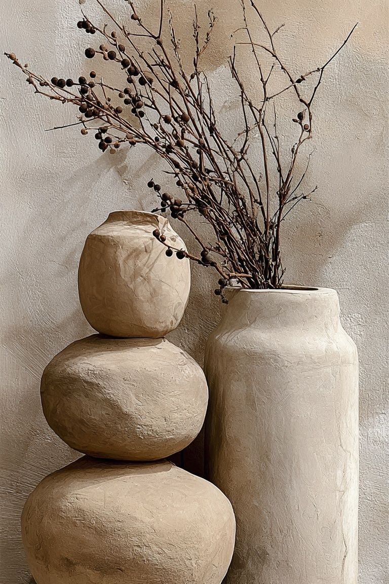Ceramic Vases with Dried Branches — Bohemian Print.