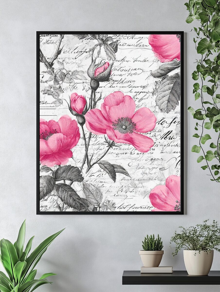 Pink Floral Vintage Poster. — room view 4