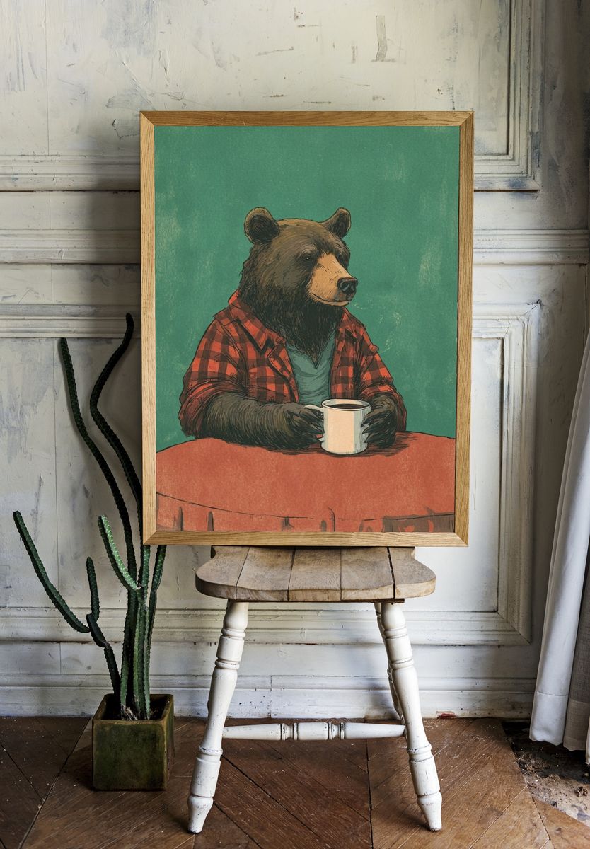 Bear with Coffee — Illustration Print. room preview