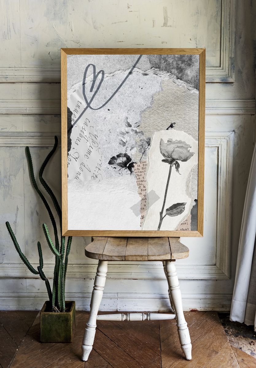 Black and White Floral Collage Poster room preview