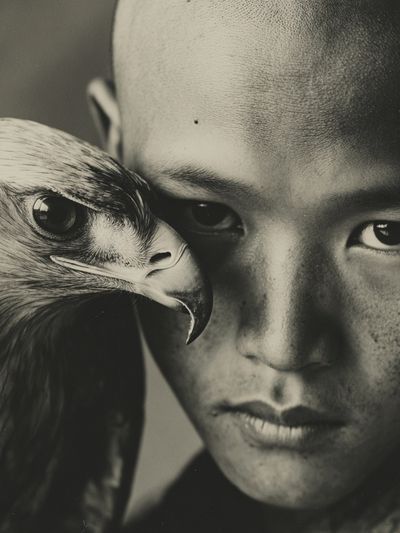 Boy with Eagle — Black and White Photography Print. poster print