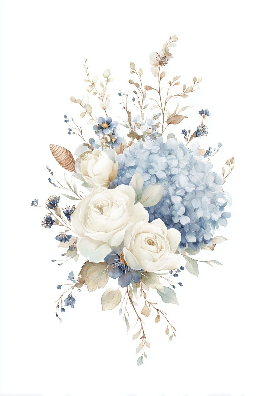 Blue and White Floral Watercolor Poster. poster detail