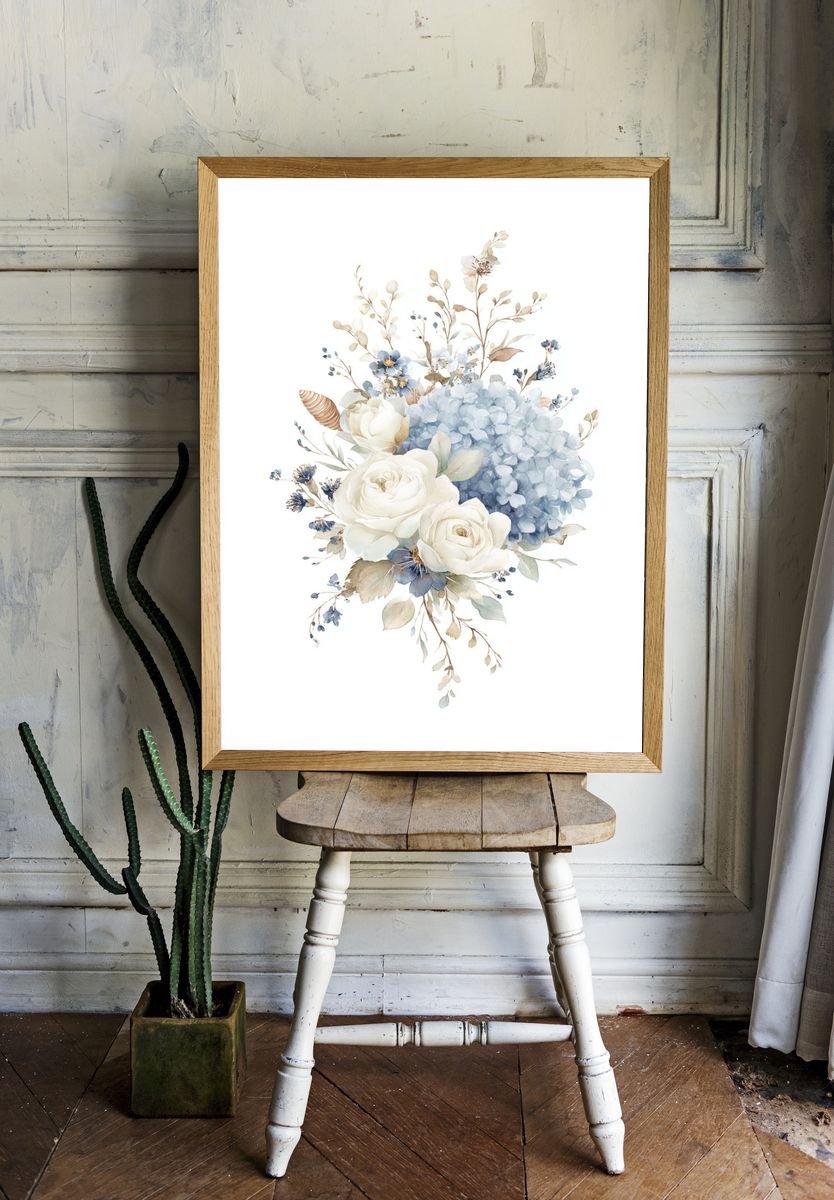 Blue and White Floral Watercolor Poster room preview