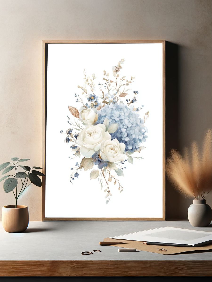 Blue and White Floral Watercolor Poster. — room view 2