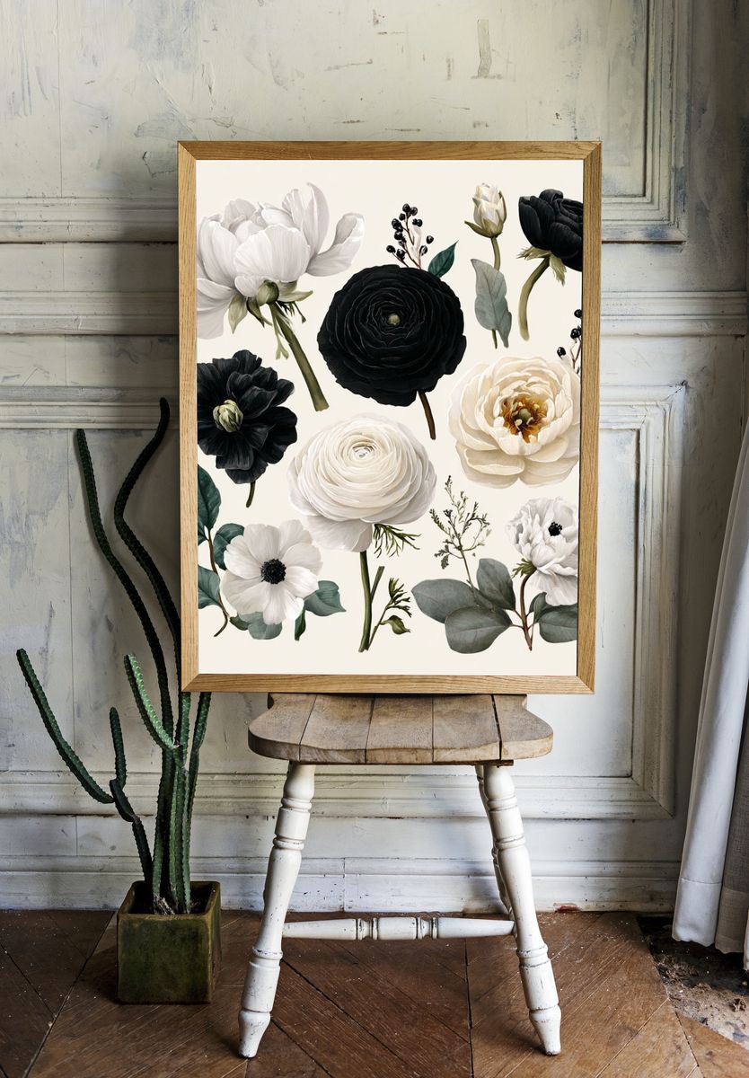 Black and White Floral Illustration Poster room preview
