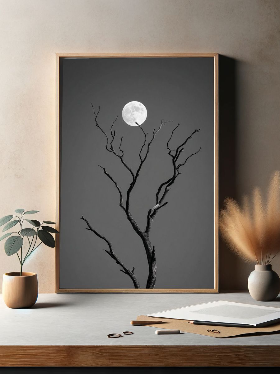 Moonlit Tree — Black and White Print. — room view 2