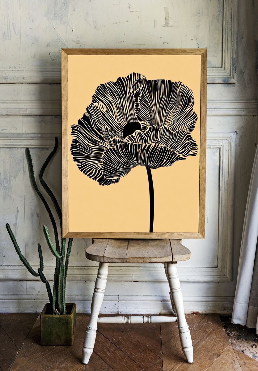 Black and White Poppy — Line-Art Print. — room view 1