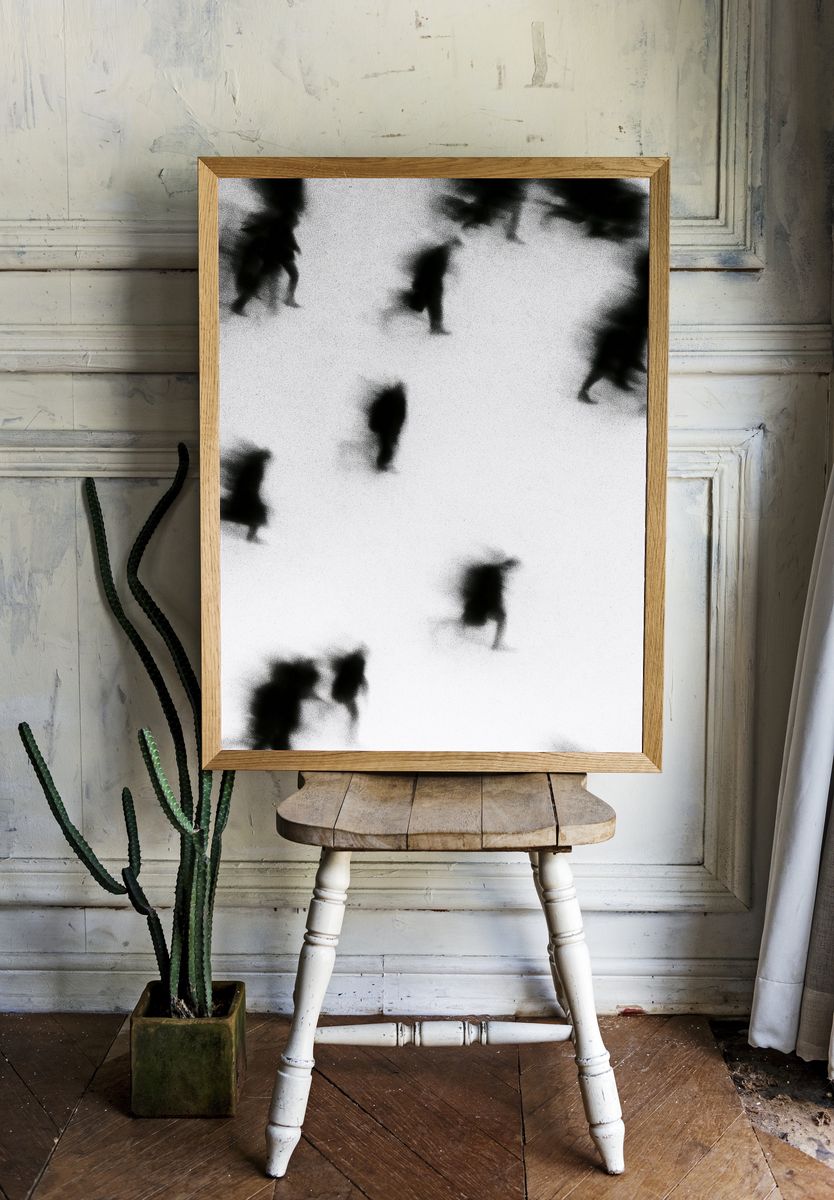 Blurred Figures Black-White Poster. — room view 1
