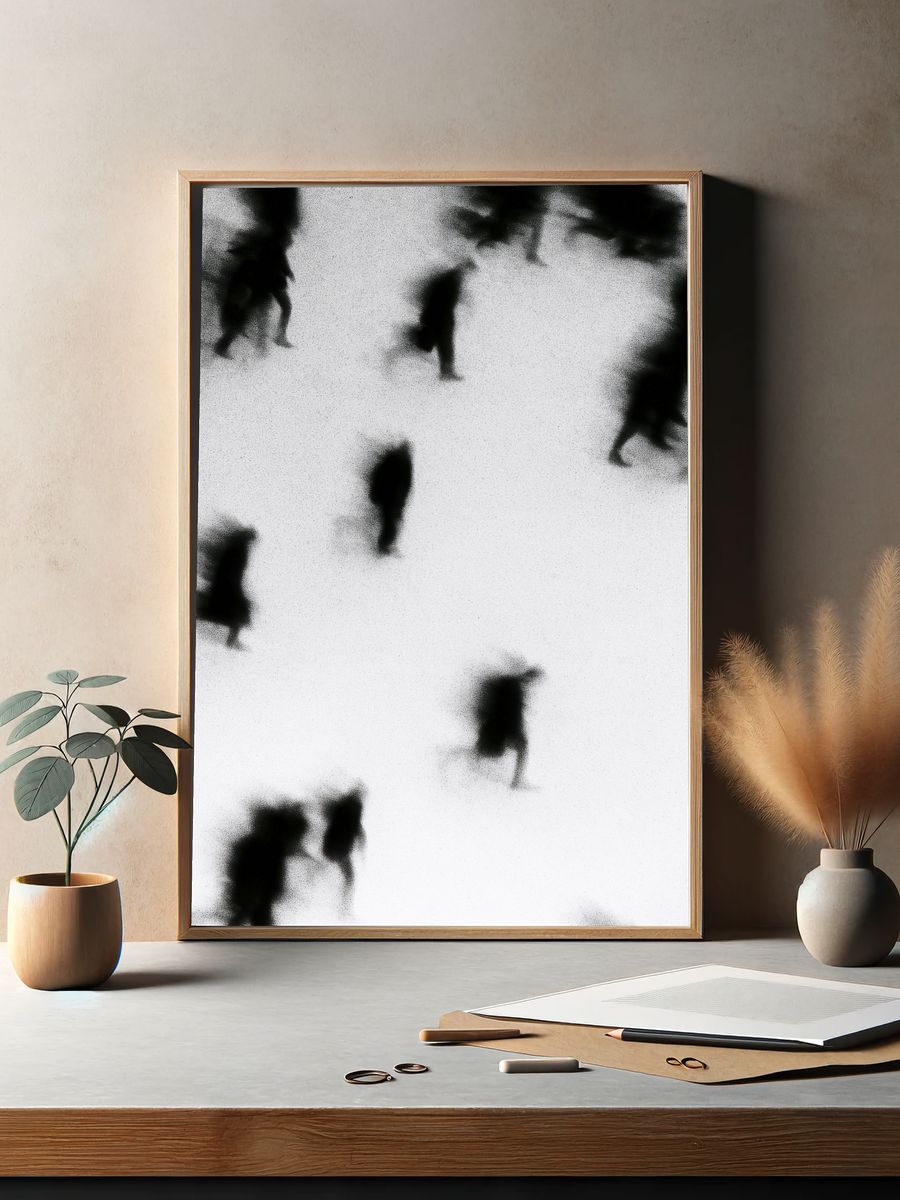 Blurred Figures Black-White Poster. — room view 2
