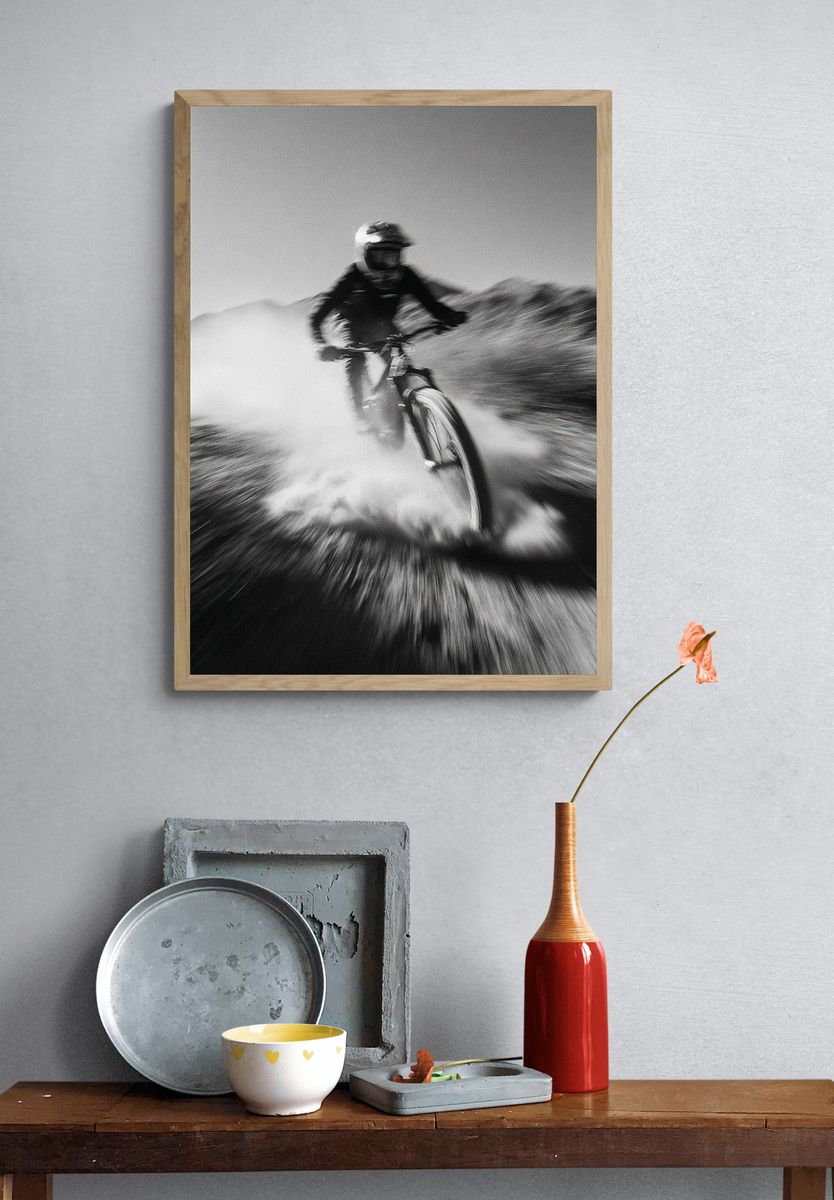 Mountain Biker in Motion — Black and White Print. — room view 3