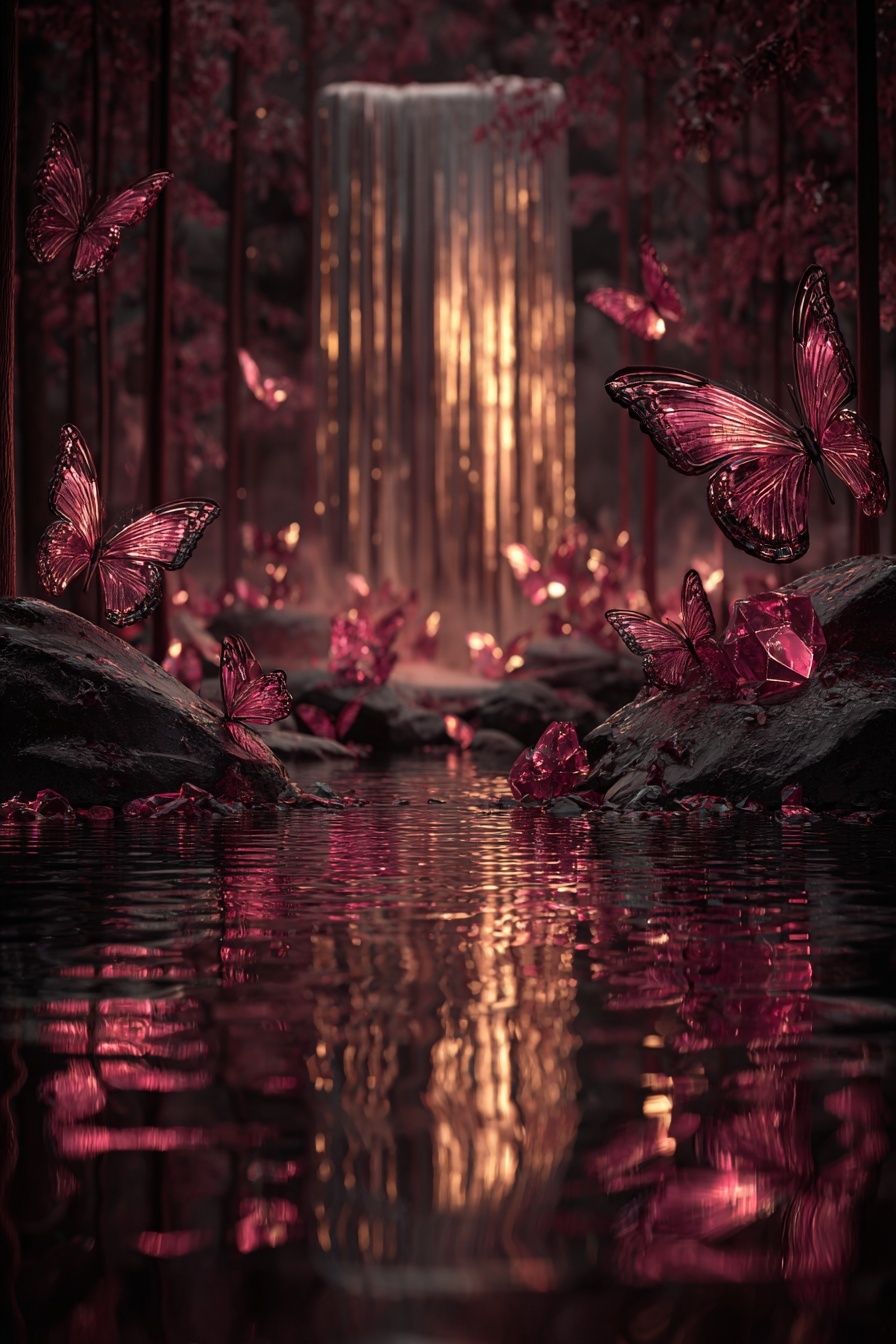Butterflies and Waterfall — Fantasy Print. poster — nature art