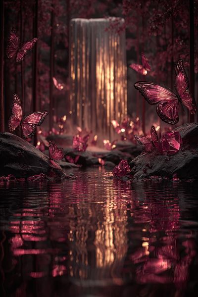 Butterflies and Waterfall — Fantasy Print. poster