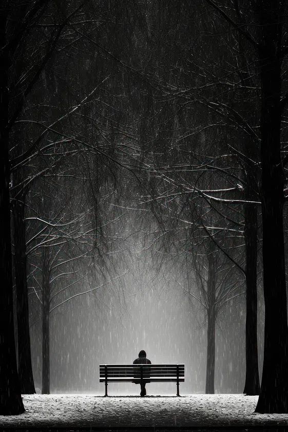 Solitary Figure in Snowy Park — Black-White Print. poster — photography art