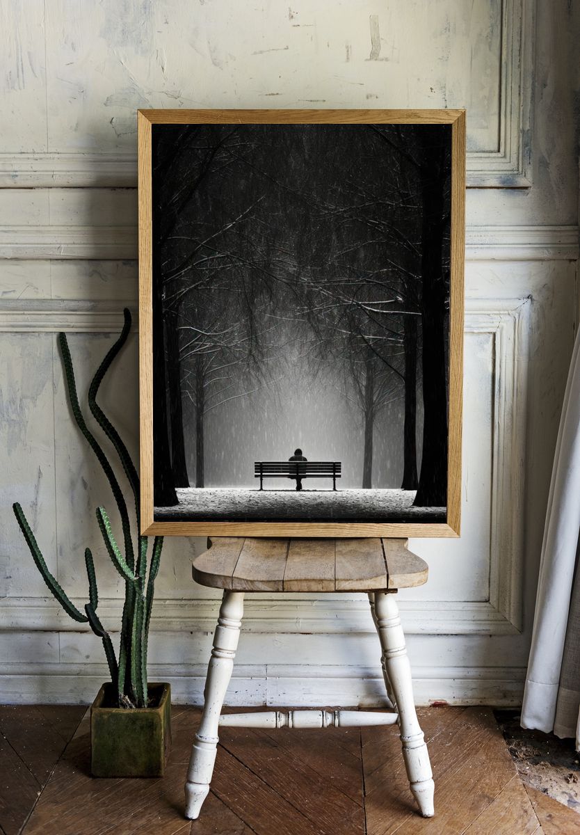 Solitary Figure in Snowy Park — Black-White Print. — room view 1