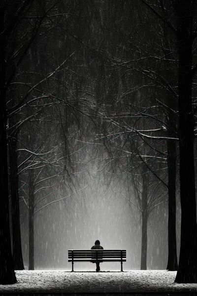 Solitary Figure in Snowy Park — Black-White Print. poster print