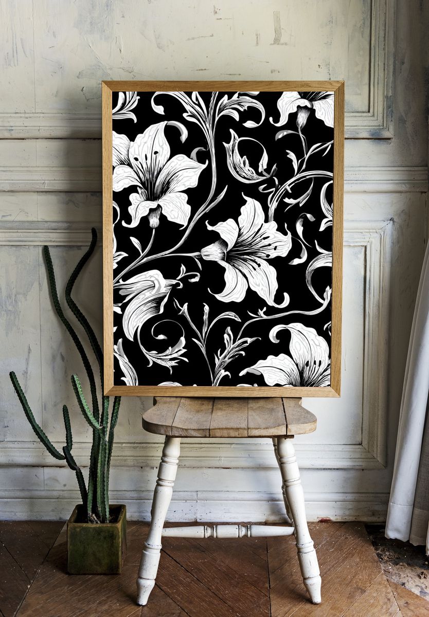 Floral Black and White Poster room preview