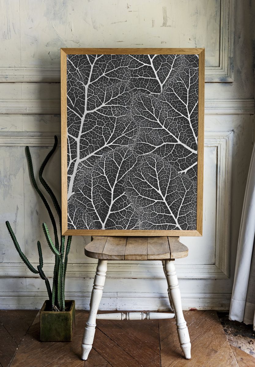 Black and White Leaf Pattern Poster. — room view 1