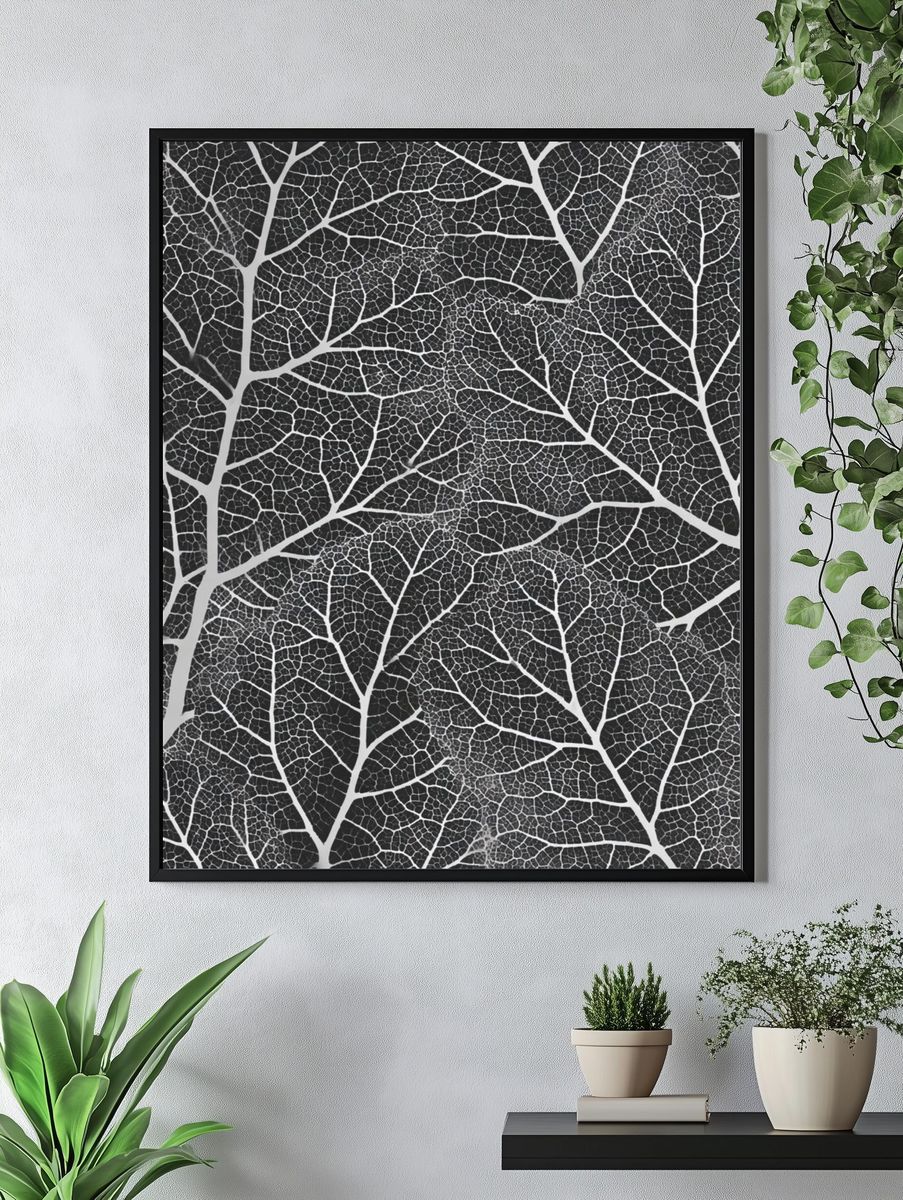 Black and White Leaf Pattern Poster. — room view 4