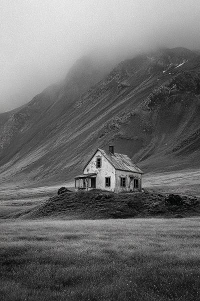 Abandoned House in Fog — Black-White Print. poster