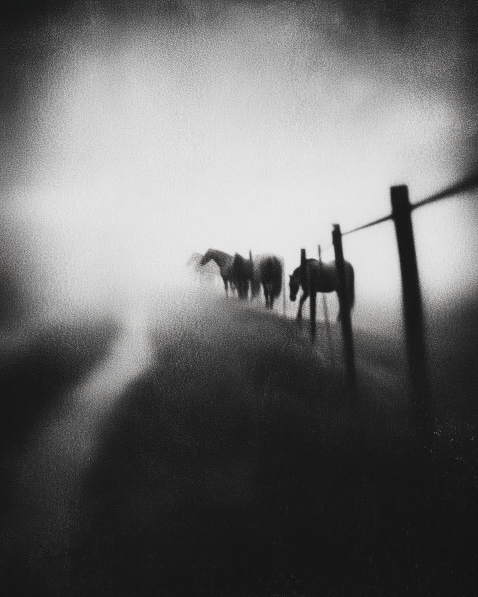 Horses in Fog — Black and White Photography Print. poster — photography art