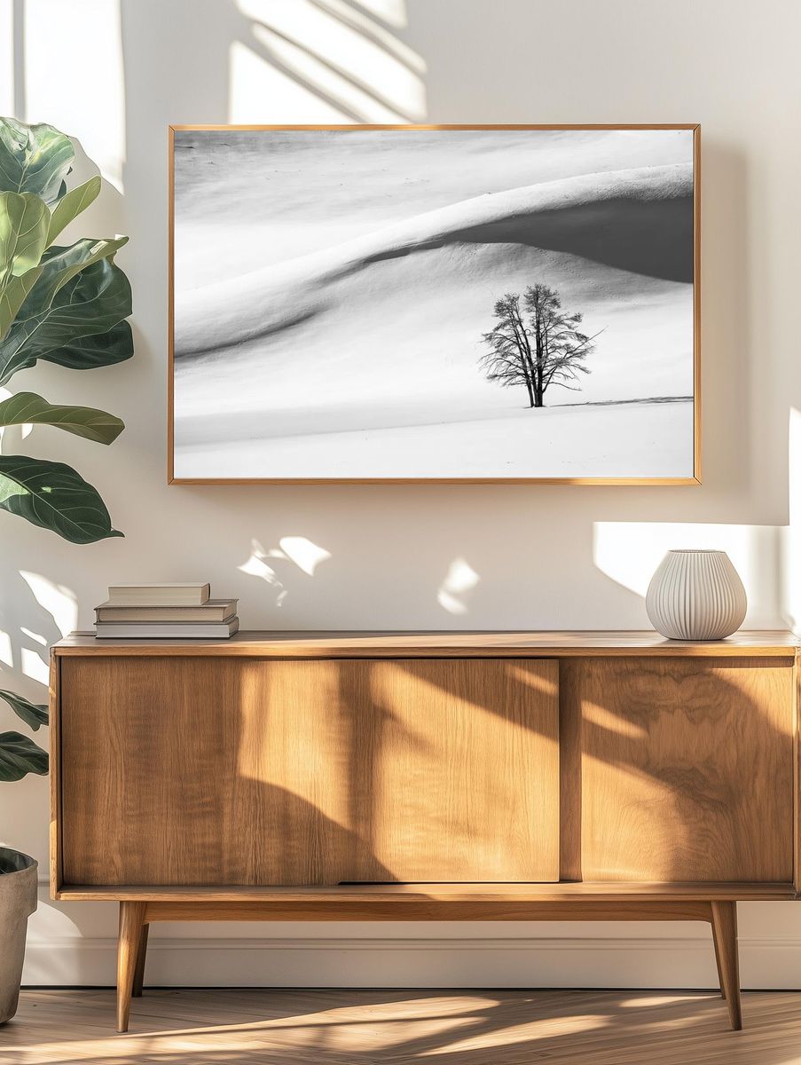 Lonely Tree in Snow — Black-White Print. — room view 3